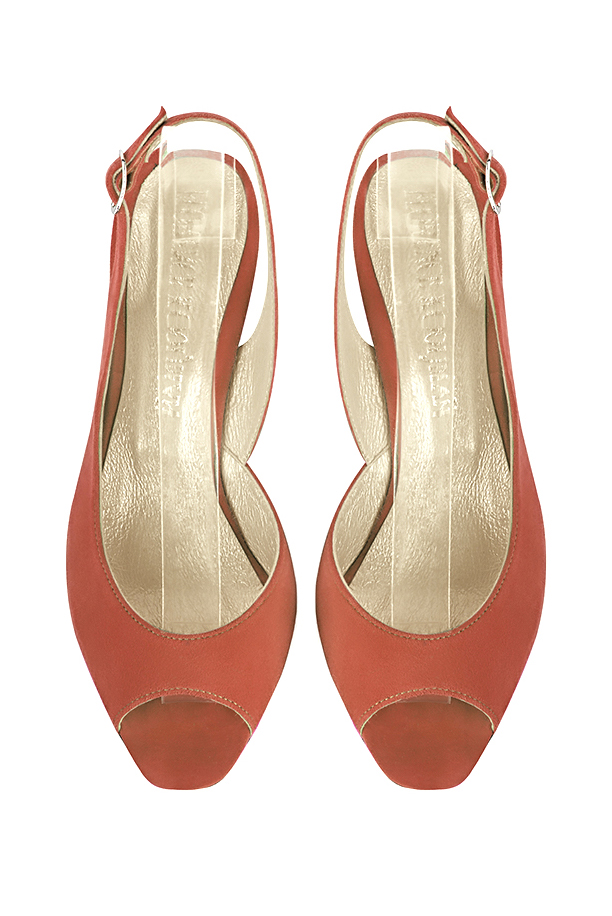 Women's terracotta orange open-toe dress pumps with back strap. Square toe. Medium comma heels - Top view